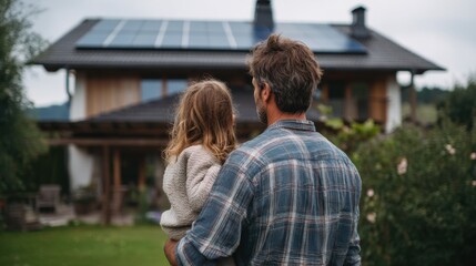Fototapeta premium A man holds a child on his shoulder as they look out at their house with solar panels. The sun is setting and the yard has greenery and flowers.