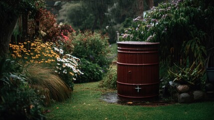 Naklejka premium A wooden rainwater barrel sits in a lush garden as rain falls lightly. Colorful flowers and greenery create a vibrant scene under cloudy skies in the afternoon.