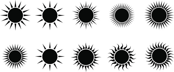 Collection of black sun icons in varying styles on transparent background silhouette