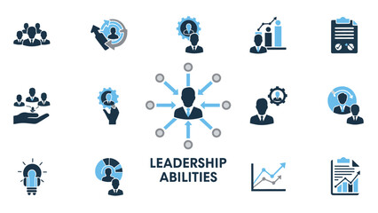 Vector graphic of leadership abilities icon set for business management and strategic development, showing growth.