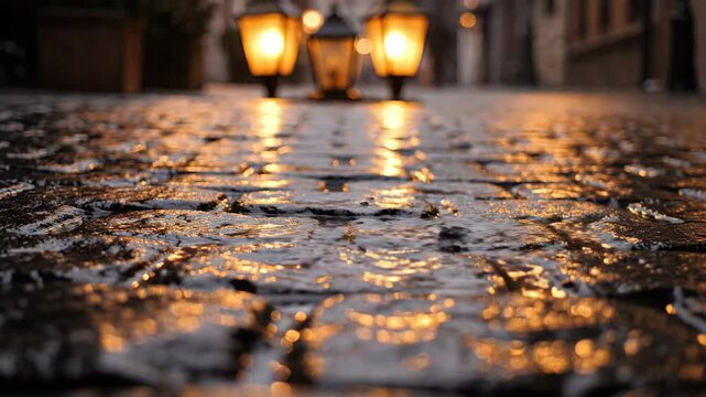 Nighttime wet cobblestone street illuminated by vintage street lamps