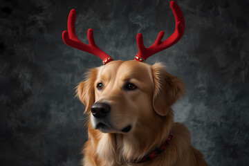 A golden retriever with reindeer antlers
