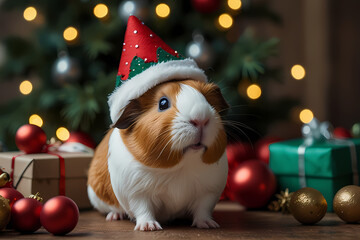 A guinea pig wearing a tiny elf hat surrounded by Christmas decorations