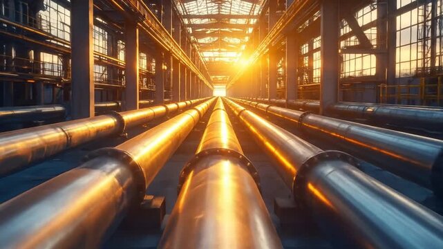 Industrial Pipeline System with Bright Sunlight and Metallic Pipes