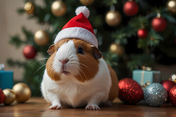 A guinea pig wearing a tiny elf hat surrounded by Christmas decorations