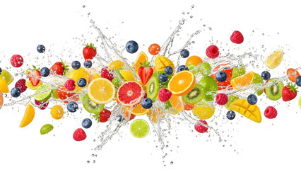 Assorted fresh fruits and slices splashing in water on white background with dynamic motion