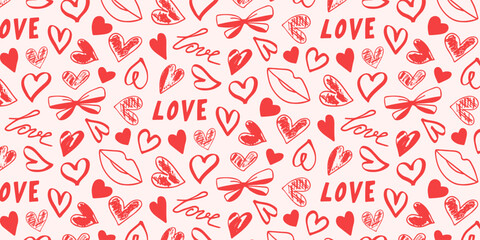 Red hearts, lips, a bow, and the word love in doodle style, a seamless pattern for Valentine's Day.