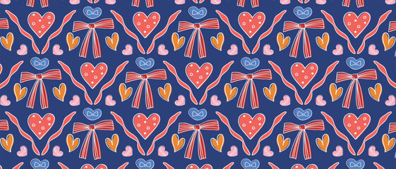 Seamless pattern with red bows and hearts on a dark blue background. Design for Valentine's Day or romantic-themed gift wrapping.