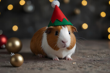 A guinea pig wearing a tiny elf hat surrounded by Christmas decorations