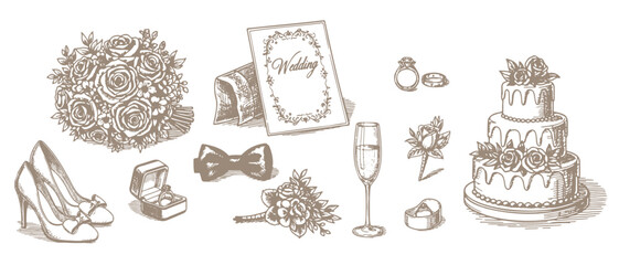 Hand drawn vintage wedding celebration essential icon set with flowers, rings, accessories, cake and invitation. Engraving doodle bachelorette  Vector illustration for greeting card, banner, poster