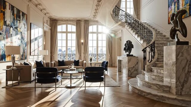 Elegant salon with tall arched windows, marble stairs, statues, and sunlit parquet floors. warm glow