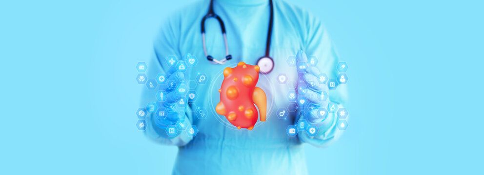 A urologist examines a kidney with cysts. Concept to raise awareness about kidney care, early diagnosis, and prevention of Polycystic Kidney Disease (PKD). Light blue background