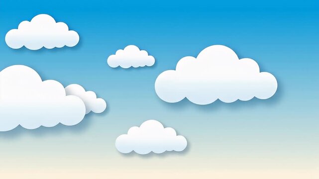 Animated Cartoon Fluffy White Clouds Moving Across a Blue Sky, Soft Gradient Background