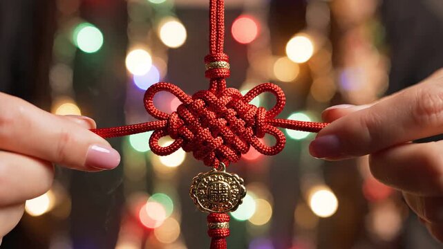 Hands Crafting Intricate Traditional Red Knot Ornament for Festive Decor