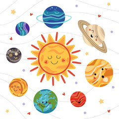 Vector illustration of the solar system with cute smiling planets and sun. Educational space in a playful author style. Design for kids learning materials, posters, stickers, fabric print