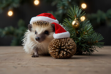 A hedgehog with a miniature Santa hat sitting beside a small Christmas tree