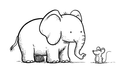 A simple black and white coloring book illustration for toddlers showing the concept of BIG and small a giant elephant standing next to a tiny mouse in a cute cartoon style with bold cl