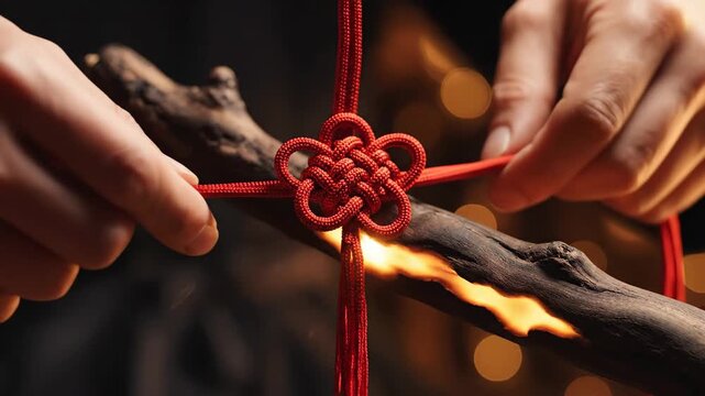 Intricate red knot tying process on wooden branch with soft bokeh lighting