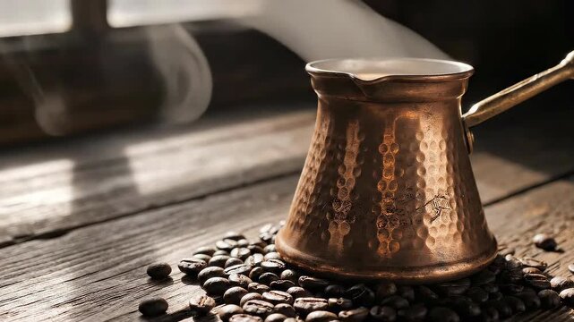 Close-up of hot aromatic coffee brewing in vintage hammered copper pot (cezve). Steam rising from the fresh beverage on a rustic wooden background surrounded by roasted coffee beans. Morning sunlight 