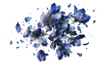 Watercolor-style blue flowers with scattered petals on black