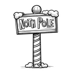 Simple North Pole sign illustration with a candystriped pole and rectangular sign for a toddlers first Christmas coloring book large bold outlines minimal details rounded and playful sh