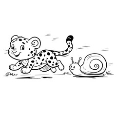 simple black and white coloring book illustration for toddlers two cartoon animals side by side a cheetah running fast with motion lines and a snail moving slowly thick outlines no shad