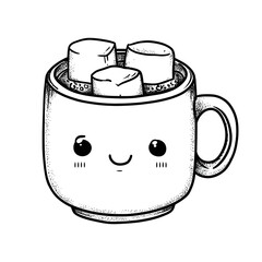 A cute simple hot cocoa mug illustration for a toddler coloring book large mug with smiling face and big round marshmallows on top Use thick bold outlines minimal details and no shading