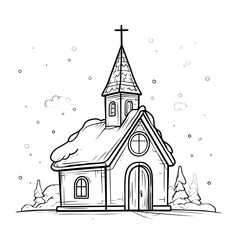 A cute simple Christmas church illustration for a toddler coloring book a small cozy church with a tall steeple a cross on top and a big door Add a few snowcovered details on the roof a