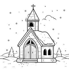 A cute simple Christmas church illustration for a toddler coloring book a small cozy church with a tall steeple a cross on top and a big door Add a few snowcovered details on the roof a