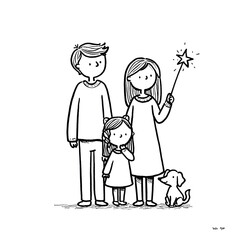 simple family caroling mom dad little girl and a small puppy dad holding a star on a stick very simple shapes big outlines easy toddler coloring style no details clean line art no shading