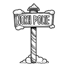Simple North Pole sign illustration with a candystriped pole and rectangular sign for a toddlers first Christmas coloring book large bold outlines minimal details rounded and playful sh