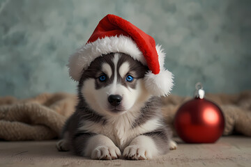 A husky puppy with a fluffy Santa hat oversized for its head