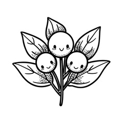 A cute simple mistletoe illustration for a toddler coloring book large leaves and round berries with smiling faces Use thick bold outlines minimal details and no shading The design shou