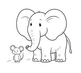 Obraz premium A simple black and white coloring book illustration for toddlers showing the concept of BIG and small a giant elephant standing next to a tiny mouse in a cute cartoon style with bold cl