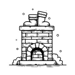 A cute simple Christmas chimney illustration for a toddler coloring book large brick chimney with Santas boots sticking out on top Use thick bold outlines large shapes minimal details a