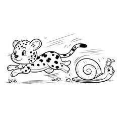 simple black and white coloring book illustration for toddlers two cartoon animals side by side a cheetah running fast with motion lines and a snail moving slowly thick outlines no shad