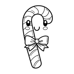 A cute simple candy cane illustration for a toddler coloring book large shapes thick bold outlines and minimal details The candy cane should have wide stripes a smiling face and a festi