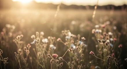 Warm sunlight bathes a field of wildflowers, creating a soft, dreamy ambiance with a shallow depth of field.