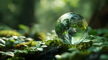 Environmental. Earth crystal glass globe and green leaves