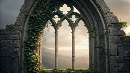 Fototapeta premium Ancient ruins concept art. Gothic cathedral window arch with ivy and moss, serene landscape view