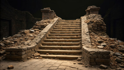 Fototapeta premium Ancient ruins concept art. Ancient stone staircase leads to darkness, surrounded by crumbling ruins and scattered debris. Mysterious atmosphere