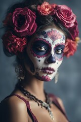 Girl with skull face paint and roses in hair celebrating Death of the Dead festival