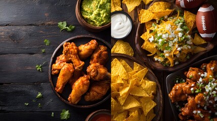 game day snacks football-themed food spread on the left with snacks wings nachos dips on a table leaving copy space on the right