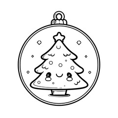 A cute simple Christmas tree ornament illustration for a toddler coloring book large round ornament with a smiling face and a small top hook Use thick bold outlines minimal details and