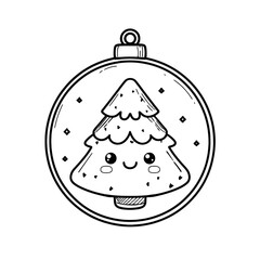 A cute simple Christmas tree ornament illustration for a toddler coloring book large round ornament with a smiling face and a small top hook Use thick bold outlines minimal details and