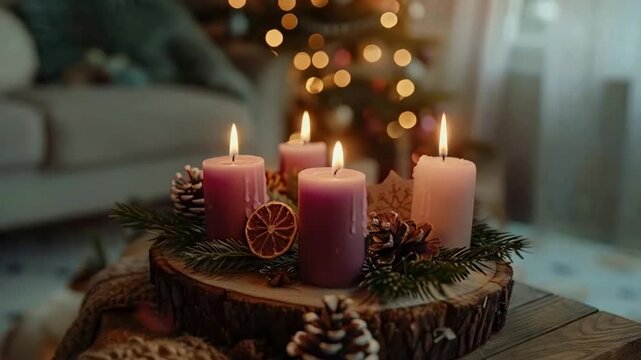 Generative ai video of An Advent wreath with four lit candles burning closeup