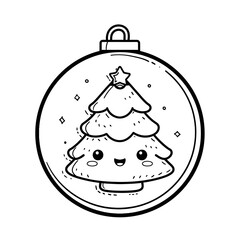A cute simple Christmas tree ornament illustration for a toddler coloring book large round ornament with a smiling face and a small top hook Use thick bold outlines minimal details and