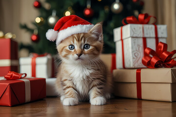 A kitten with a tiny Santa Hat accessory sitting near presents