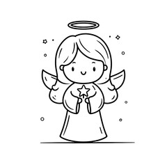 A cute simple Christmas angel illustration for a toddler coloring book a smiling angel with a round face short wings and a glowing halo above the head The angel is wearing a flowing rob