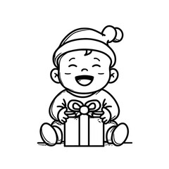 A cute simple baby illustration for a toddler coloring book a small baby sitting and holding her first Christmas present with a big happy smile The baby wears a cozy onesie and a little